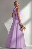 Lilac Halter Chiffon Keyhole Long Bridesmaid Dress