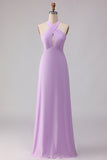 Lilac Halter Chiffon Keyhole Long Bridesmaid Dress