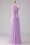 Lilac Halter Chiffon Keyhole Long Bridesmaid Dress