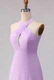 Lilac Halter Chiffon Keyhole Long Bridesmaid Dress