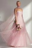 Blushing Pink Strapless A Line Long Prom Dress with Sash