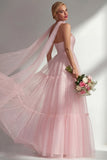 Blushing Pink Strapless A Line Long Prom Dress with Sash