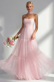 Blushing Pink Strapless A Line Long Prom Dress with Sash