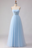 Blue Strapless A Line Corset Chiffon Long Bridesmaid Dress