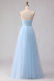 Blue Strapless A Line Corset Chiffon Long Bridesmaid Dress
