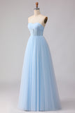 Blue Strapless A Line Corset Chiffon Long Bridesmaid Dress