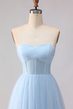 Blue Strapless A Line Corset Chiffon Long Bridesmaid Dress