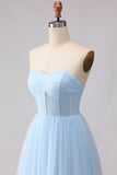 Blue Strapless A Line Corset Chiffon Long Bridesmaid Dress