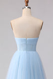 Blue Strapless A Line Corset Chiffon Long Bridesmaid Dress