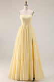 Lemon Sobert Chiffon A Line Strapless Corset Long Bridesmaid Dress with Slit