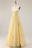 Lemon Sobert Chiffon A Line Strapless Corset Long Bridesmaid Dress with Slit