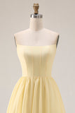 Lemon Sobert Chiffon A Line Strapless Corset Long Bridesmaid Dress with Slit