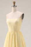 Lemon Sobert Chiffon A Line Strapless Corset Long Bridesmaid Dress with Slit