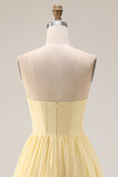 Lemon Sobert Chiffon A Line Strapless Corset Long Bridesmaid Dress with Slit