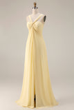 Lemon Sorbet A Line Chiffon Convertible Long Bridesmaid Dress with Slit