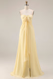 Lemon Sorbet A Line Chiffon Convertible Long Bridesmaid Dress with Slit