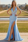 Light Blue Beaded Halter Mermaid Satin Long Prom Dress with Slit