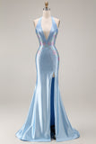 Light Blue Beaded Halter Mermaid Satin Long Prom Dress with Slit