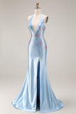 Light Blue Beaded Halter Mermaid Satin Long Prom Dress with Slit