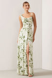 Green Flower Cowl Neck A-Line Convertible Print Long Bridesmaid Dress with Slit