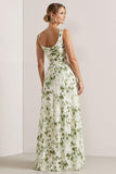Green Flower Cowl Neck A-Line Convertible Print Long Bridesmaid Dress with Slit