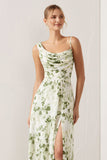Green Flower Cowl Neck A-Line Convertible Print Long Bridesmaid Dress with Slit
