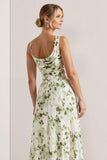 Green Flower Cowl Neck A-Line Convertible Print Long Bridesmaid Dress with Slit