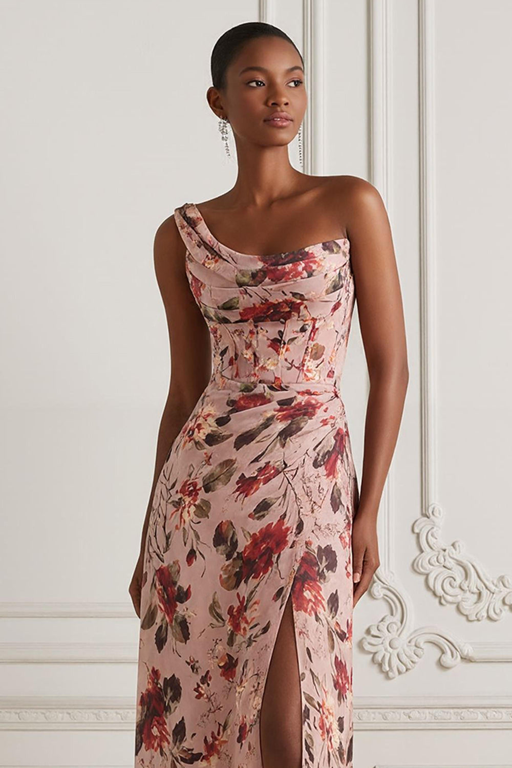 one shoulder floral bridesmaid dress Graceful Floral One Shoulder Chiffon Long Bridesmaid Dresses, Blushing Pink