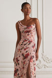 Dusty Rose Flower One Shoulder Sheath Corset Long Chiffon Dress with Slit