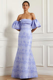 Light Blue Mermaid Convertible Satin Strapless Long Jacquard Dress with Removable Sleeves