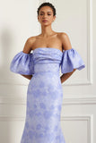 Light Blue Mermaid Convertible Satin Strapless Long Jacquard Dress with Removable Sleeves