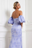 Light Blue Mermaid Convertible Satin Strapless Long Jacquard Dress with Removable Sleeves