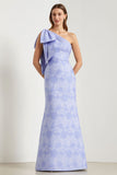 Light Blue One-Shoulder Mermaid Satin Long Jacquard Dress with Large Bow