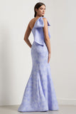 Light Blue One-Shoulder Mermaid Satin Long Jacquard Dress with Large Bow