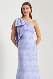 Light Blue One-Shoulder Mermaid Satin Long Jacquard Dress with Large Bow