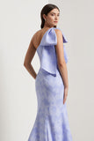 Light Blue One-Shoulder Mermaid Satin Long Jacquard Dress with Large Bow