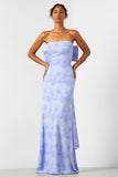 Light Blue Floral Strapless Sheath Satin Long Jacquard Dress with Large Back Bow