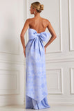 Light Blue Floral Strapless Sheath Satin Long Jacquard Dress with Large Back Bow