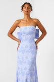 Light Blue Floral Strapless Sheath Satin Long Jacquard Dress with Large Back Bow
