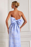 Light Blue Floral Strapless Sheath Satin Long Jacquard Dress with Large Back Bow
