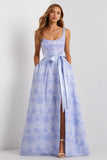 Light Blue A-Line Square Neck Floral Satin Bowed Long Jacquard Dress with Slit