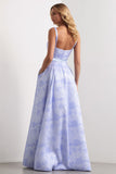 Light Blue A-Line Square Neck Floral Satin Bowed Long Jacquard Dress with Slit