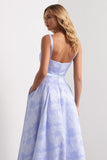 Light Blue A-Line Square Neck Floral Satin Bowed Long Jacquard Dress with Slit