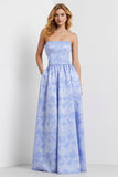 Strapless Light Blue A-Line Satin Floral Long Jacquard Dress with Pocket