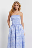 Strapless Light Blue A-Line Satin Floral Long Jacquard Dress with Pocket