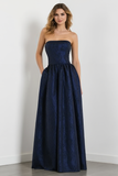 Navy A-Line Strapless Long Jacquard Dress with Pockets