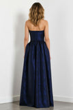 Navy A-Line Strapless Long Jacquard Dress with Pockets