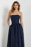 Navy A-Line Strapless Long Jacquard Dress with Pockets