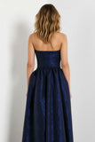 Navy A-Line Strapless Long Jacquard Dress with Pockets
