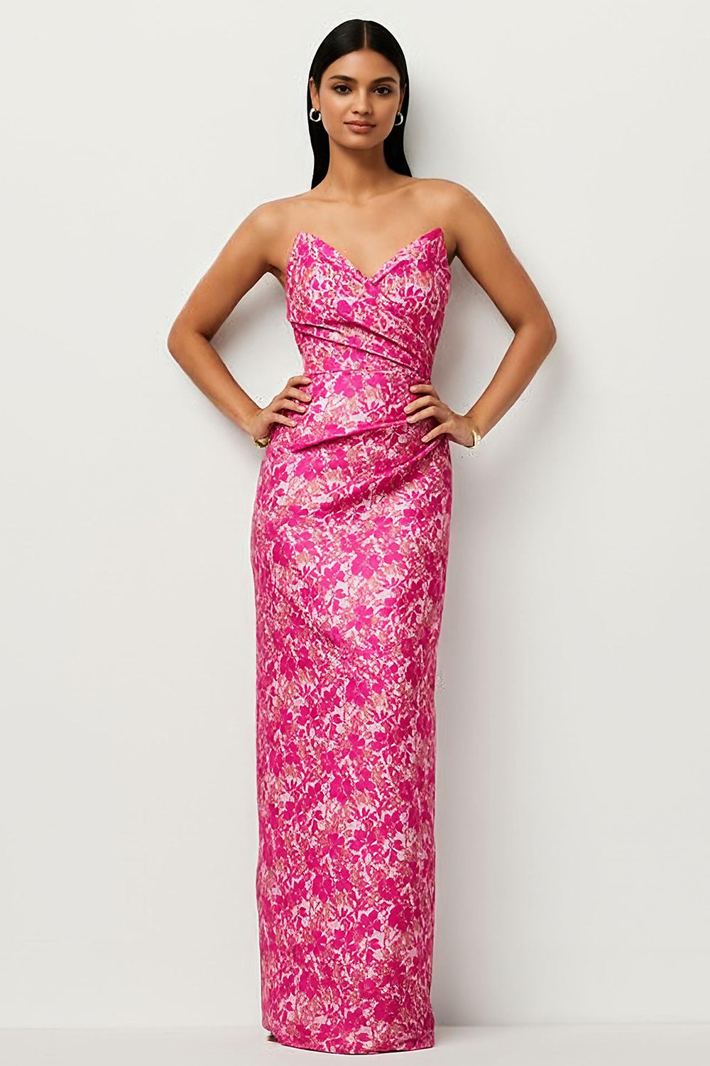 WEDTREND Women Fuchsia Floral Long Bridesmaid Dress Strapless Sheath Print Satin Wedding Guest Dress
